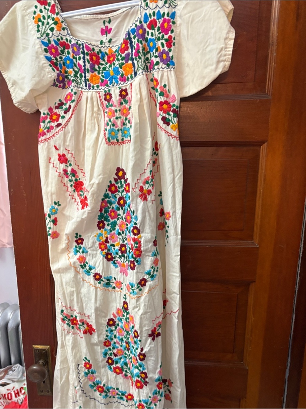 Embroidered Cream Maxi Dress with Multicolor Floral Accents